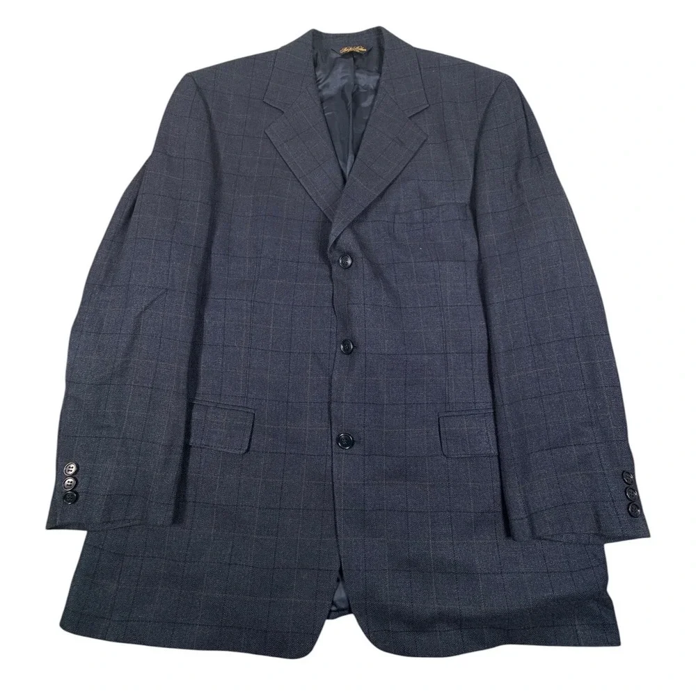 Brooks Brothers Sport Coat Blazer Mens 44R Blue Silk Wool Linen Windowpane Plaid